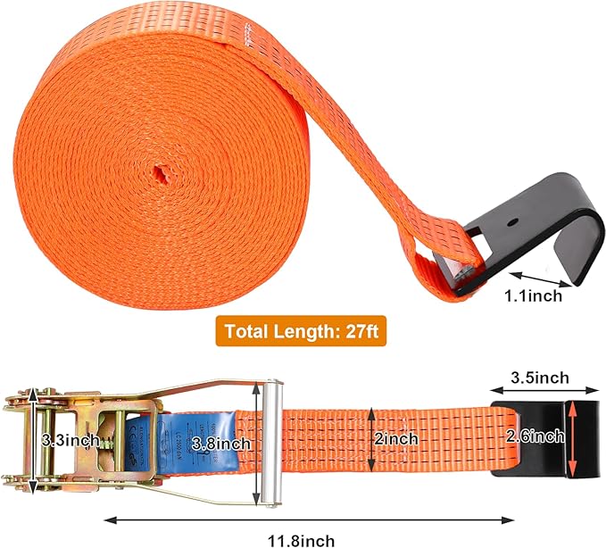 TLGREEN 4 Pack 2 in x 27 FT Flat Hook Ratchet Straps (11,000 lbs Break Strength), Heavy Duty Tie Down Straps for Trucks (Orange)