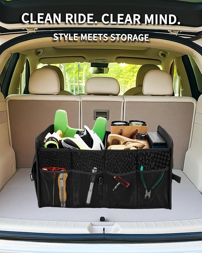 SIBOFUEGO Car Storage Combo – 70L Trunk Organizer & Leak-Proof Trash Can (Black Leopard)