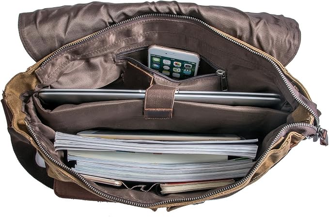 Vintage Genuine Leather Waxed Canvas Briefcase Large Satchel Shoulder Bag Rugged Computer 15.6" Laptop Bag