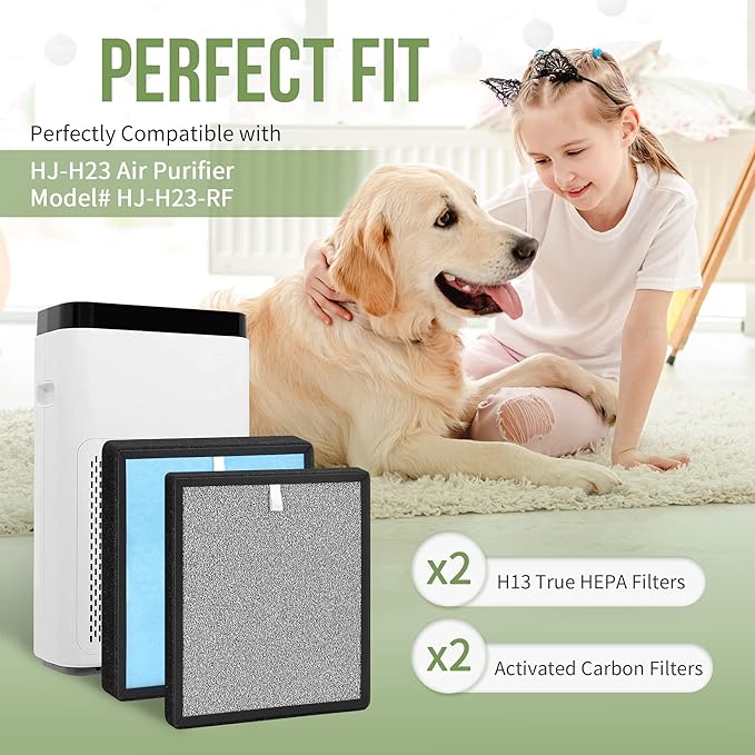 HJ-H23 Replacement Filter Compatible with Hejiko HJ-H23 Air Pu-rifier, Match with Model No. HJ-H23-RF, 2-Set Removable HJ-H23 filters Contain 2 H13 True HEPA+2 Activated Carbon Filters