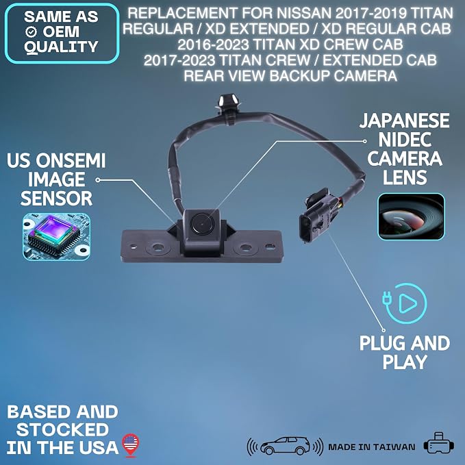 Backup Camera Replaces for Nissan 2017-2019 Titan Regular Cab/XD Extended Cab/XD Regular Cab | 2016-2023 Titan XD Crew Cab | 2017-2023 Titan Crew Cab/Extended Cab OE Part # 28442-EZ01A