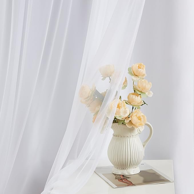 Bujasso White Full Blackout Curtain Panels with Sheer Overlay Mix and Match Double Layer Thermal Insulated Window Treatment Set for Living Room White Drapes with Tiebacks Grommet Top 54" Wx84 Lx2