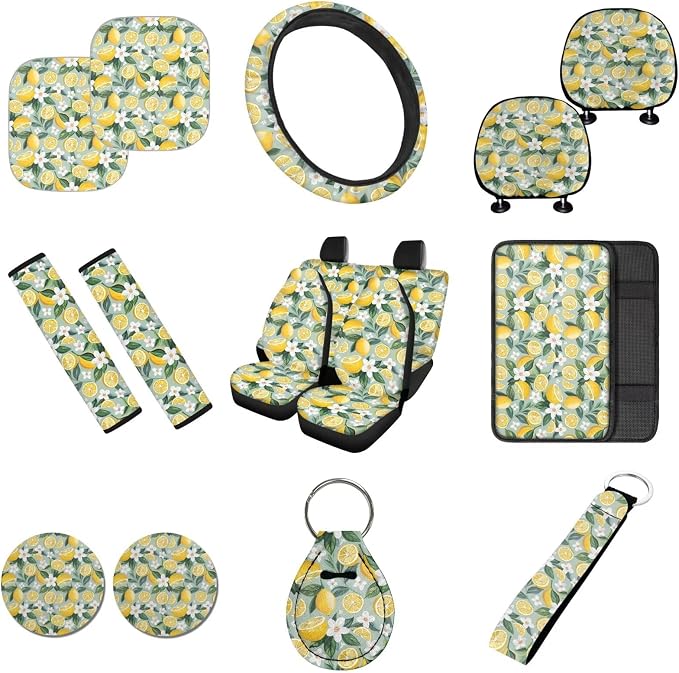 Lemon Car Seat Cover with Steering Wheel Cover,Car Sun Shade,Center Cushion,Seat Belt Covers Cup Holder with Keychain,Fruit Automotive Set Universal Fit Most Cars SUV Trucks,Green,16 Pack
