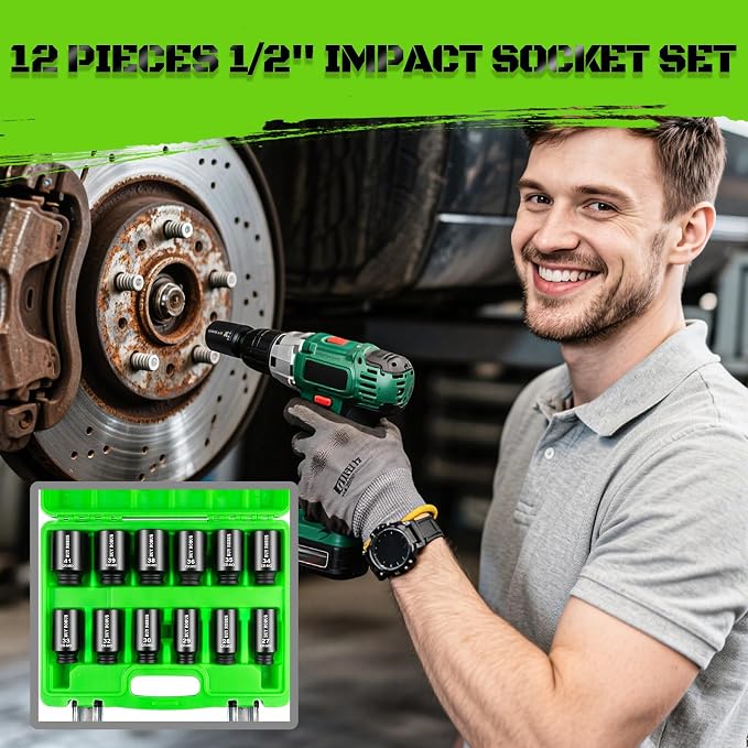 1/2 Inch Drive Deep Impact Socket Set,12 PCS Extended Socket Set, 6-Point Metric Size 27mm, 28mm, 29mm, 30mm, 32mm, 33mm, 34mm, 35mm, 36mm, 38mm, 39mm, 41mm Socket, Cr-Mo Steel,Heavy Duty Socket Set