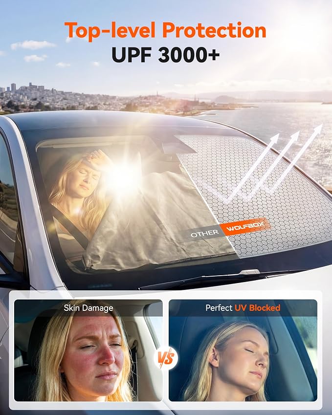 WOLFBOX Foldable Car Windshield Sun Shade, Maximum UV & Heat Shield Front Window Sunshade Visor Protector Universal Fit for SUVs Trucks Sedans (Silver 69''x35'')
