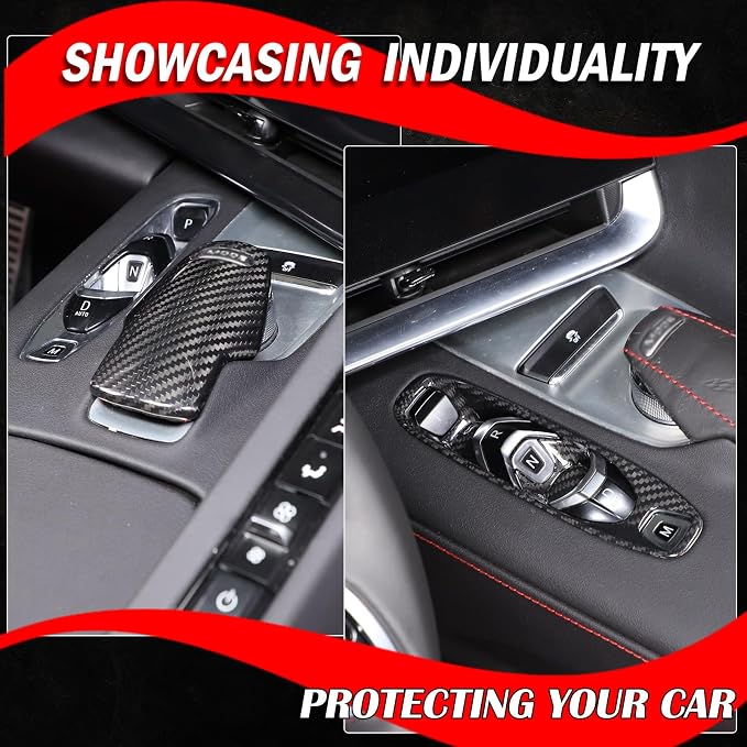 Set of 2 Genuine Carbon Fiber Gear Shift Panel Cover Trim for Corvette C8 2020-2025 Gear Shift Knob Head Protection&Console Gear Shift Button Panel P D Auto M Button Frame Accessories (Black)