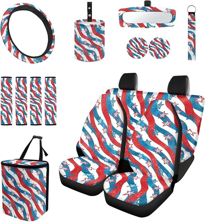 Red and Blue Stripe Stars Auto Interior Accessories Car Seat Covers with Auto Steering Wheel Cover Seat Belt Covers Car Trash Can View Mirror Cover Coaster Keychains