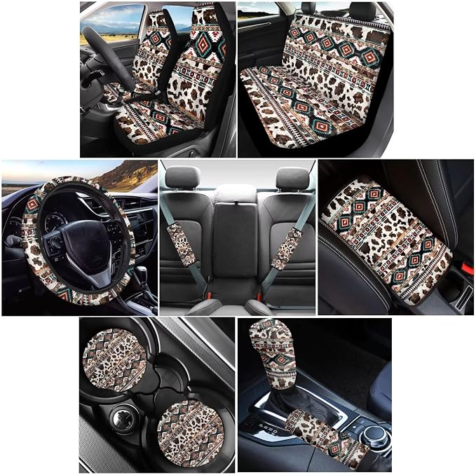 Wanyint Car Seat Covers Set 12 Pieces for Women, Soft Auto Seat Protector Steering Wheel Seat Belt Armrest Pad Handbrake Gear Shift Cover Coasters Car Interior Decor, Aztec Navajo Cow Print