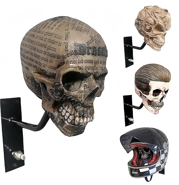 Motorcycle Helmet Skull Holder, Wall Mount Helmet Rack, Resin Crafts,Skull Helmets Holder Suitable for Motorcycle Cap, Baseball Cap, Bicycle Cap, Hat Storage Rack,Sports Gear (Type-A)