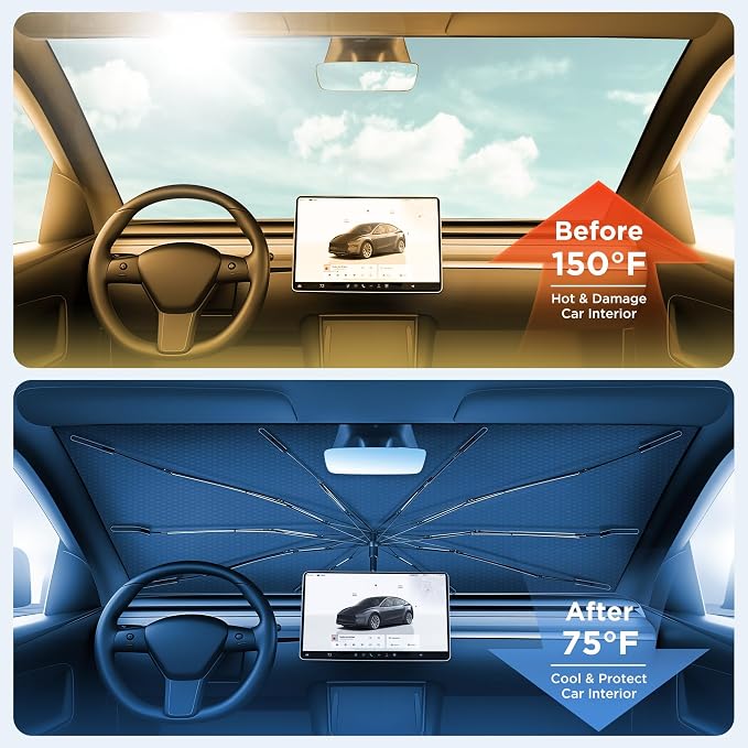 2026 Upgraded Windshield Sun Shade Umbrella [7-Layer Vinyl Coating Heat Shield] Foldable Front Window Sunshade Umbrella Flexible Handle Protect Interior from UV Keep Car Cooler (61" x 34.5")
