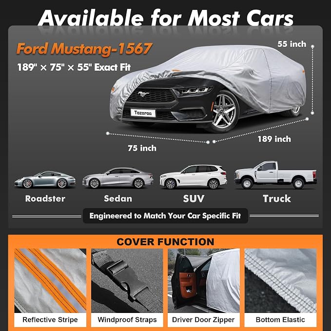 Car Cover Waterproof All-Weather,Heavy-Duty Outdoor Full Exterior Automobiles Sedan/Coupe (Length 186-193 inch) with Windshield Sun Shade Universal Fit Ford Mustang,Chevy Camaro/Corvette etc