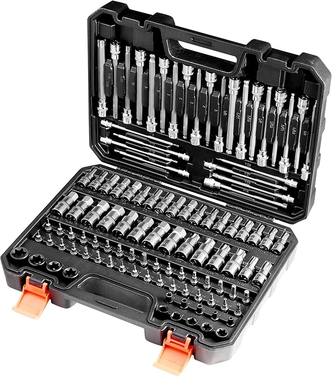 VEVOR Bit Socket Set, 107-Piece SAE and Metric, Hex/Torx/External Torx/Tamper-Proof/Extra Long, S2 Alloy Steel and Cr-V Steel, 1/4 in, 3/8 in, and 1/2 in Drives, with Enhanced Storage Case, Hand Use