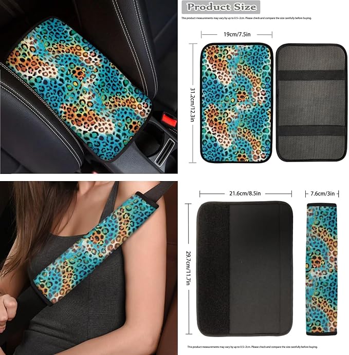 Multicolor Leopard Car Seat Covers Full Set 15 Pcs Universal Car Accessories Steering Wheel Cover Seat Belt Pads Garbage Bag Car Headrest Pillow Covers Armrest Pad