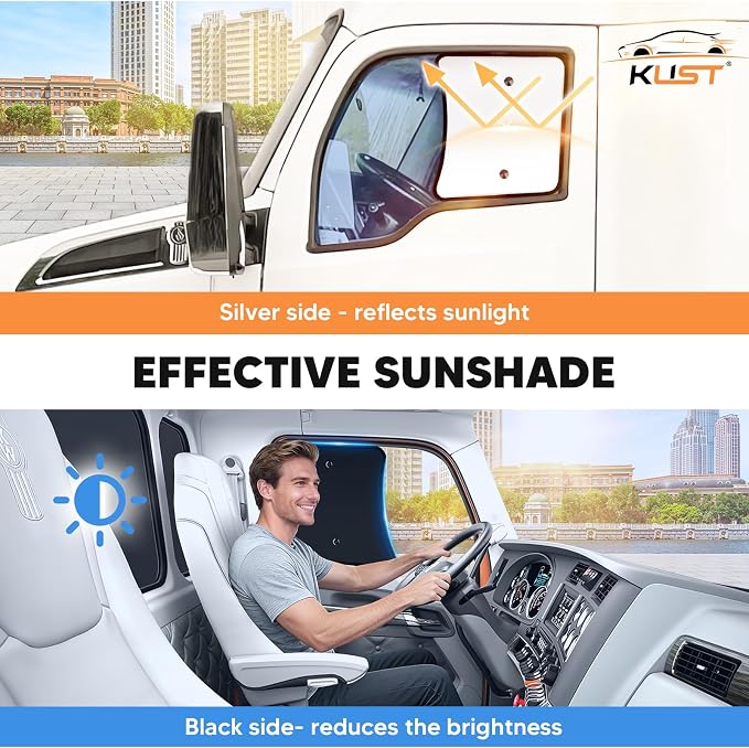 KUST 2PCS 23''*21.6'' Side Window Shades for Semi Truck/Heavy Duty Truck - Freightliner Cascadia, Volvo, Mack, Kenworth, Peterbilt, International LT, Western Star - Silver & Black Window Shades