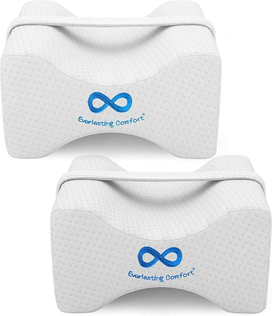 Everlasting Comfort Memory Foam Knee Pillow for Side Sleepers – Sciatica Pain Relief, Adjustable Strap – Leg Pillow for Knee, Back & Hip Alignment (Pack of 2)