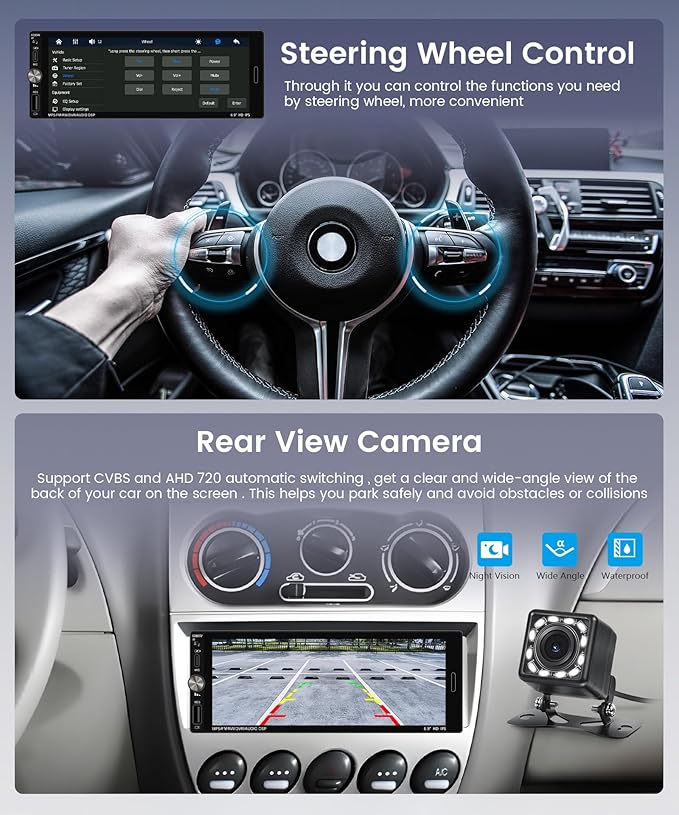 Single Din Car Radio Stereo Wireless Carplay & Android Auto, 6.9" HD IPS Touch Screen Radio, Bluetooth 5.2 Car Audio Receiver, Mirror Link, SWC, 1 Din Stereo with Backup Camera, FM/EQ/USB/Type-C