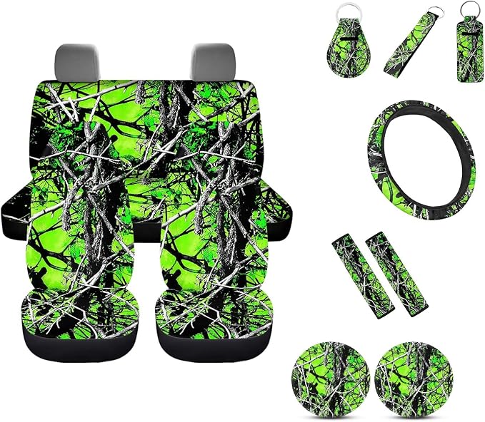Car Seat Covers Full Set for Women Men Green Camo Hunting Wood Forest Oak Print Universal Auto Accessories with Steering Wheel Cover,Seat Belt Pad,Keychain,Coaster,Lipstick Holder