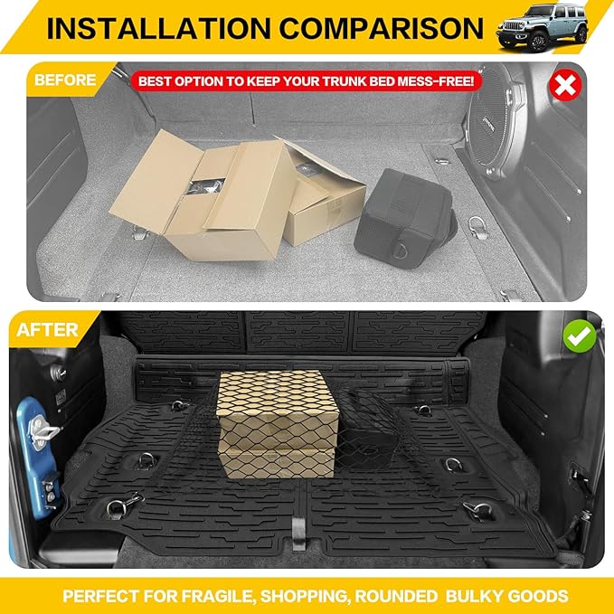 Cargo Mats & Trunk Net for 2021-2024 Jeep Wrangler JL 4XE Trunk Mat Backrest Liner with Cargo Net All Weather Anti-Slip Rear Back Seat Mats Cargo Net for Wrangler JL 4XE 4 Door Accessories