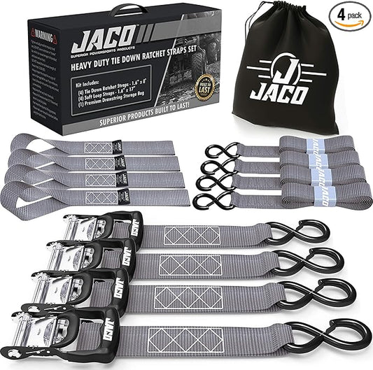 JACO Heavy Duty Ratchet Straps - 1.6 inch x 8 ft (Pack of 4) | Tie Down Kit with Soft Loops - 5,208 lbs (Grey)
