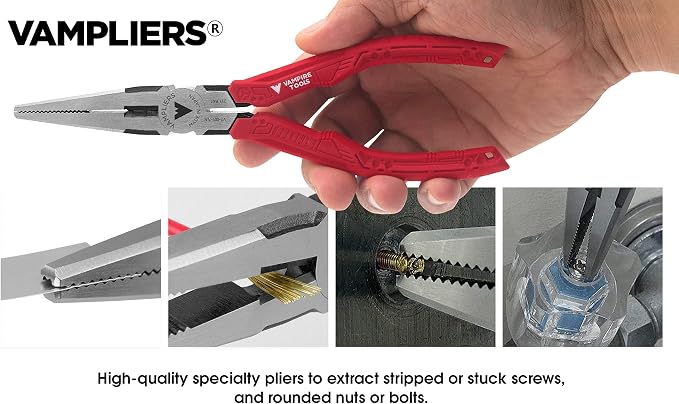 VAMPLIERS 3-PC Specialty Screw Extraction Pliers Set: Includes 7.5" Long Nose, BRUTE 6.25" Black Oxide Finish Pliers and 5" Mini ESD Safe Pliers. Made in Japan.
