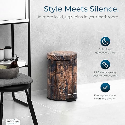 Sanilo Small Bathroom Trash Can with Lid [1.3 Gallon] - Lidded Tiny Trashcan for Garbage - Mini Metal Bin with Soft Closing Mechanism - Bath Room Accessoire Wastebin with Inner Bucket (Vintage)