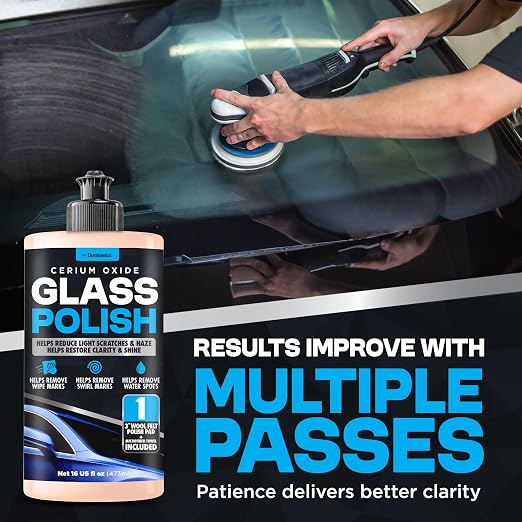 Durabasics Cerium Oxide Glass Polish – Glass Scratch Remover for Light Scratches, Haze & Wiper Marks on Windshields – Glass Polishing Compound with 3” Wool Felt Pad Kit – 16oz