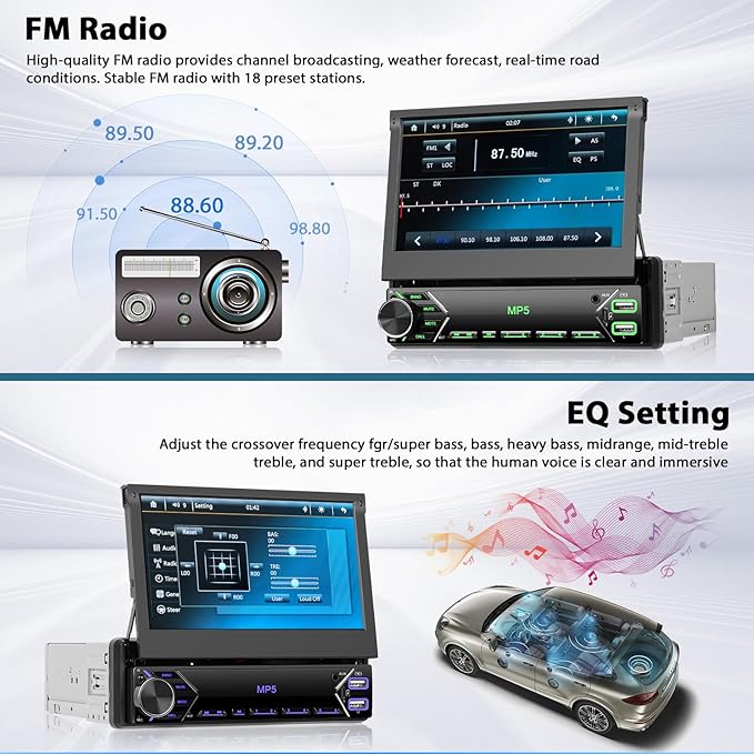 Inefala Single Din Touchscreen Radio 7'' Flip Out Screen Car Stereo with Bluetooth USB Type C Fast Charge Car Audio Receiver Backup Camera SWC FM MIC TF AUX in EQ