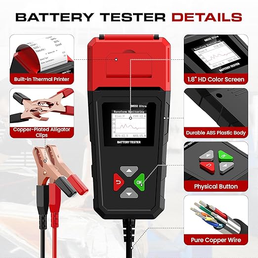 ELMCONFIG Car Battery Tester with Printer, 6V 12V 24V 100-2000CCA Battery Load Tester for Lead-Acid & Lithium ion Batteries, Automotive Digital Battery Analyzer for Car, Truck, Motorcycle, ATV, Boat