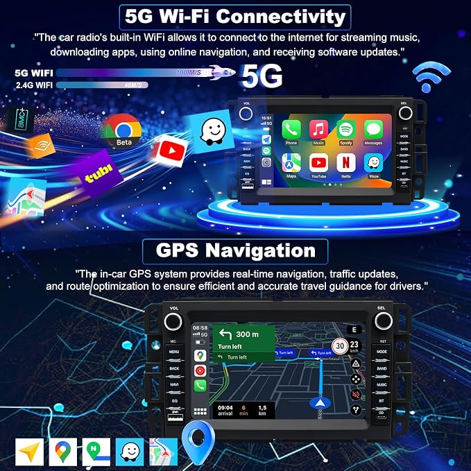 5GWifi Car Radio for GMC Sierra Chevy Silverado 1500/2500/3500 2007-2013, Acadia 2007-2012, Tahoe Yukon 2007-2014, Savana Equinox 7inch Stereo Touch Screen Carplay Android Auto GPS Camera