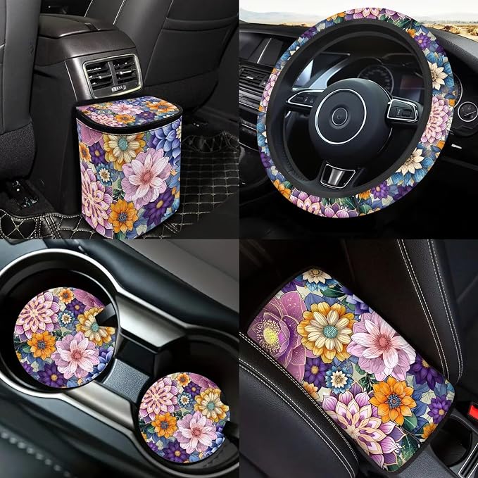 18 Pcs Car Seat Covers Full Sets Mandala Lotus Car Interior Accessories Sets with Hippie Print Steering Wheel Cover Car Headrest Covers Car Trash Can Car Seat Belt Pads Cover for Women