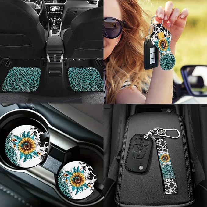 Cow Print Car Accessories Full Set for Women Man,17Pcs Sunflower Car Seat Covers Sets with Front and Split Rear Bench,Auto Front Rear Foot Carpet,Auto Seat Belt Cover,Cup Mats,Universal Fit