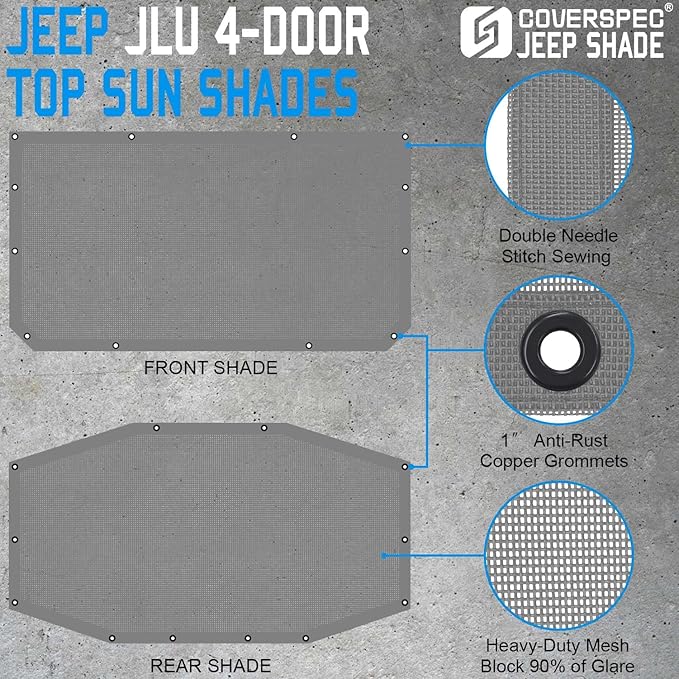 JL Top Sun Shade Roof Compatible with Jeep Wrangler 2 or 4 Door 2018 to 2023 Sunshade Sunroof Blocks UV Wind Noise Gray Mesh for Front and Rear 2 pcs