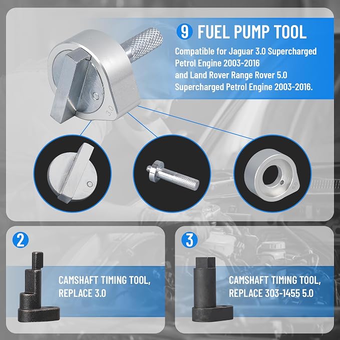 Camshaft Alignment timing Tool Kit Compatible with Jaguar Land Rover Discovery 4 Range Rover Sport V8 5.0L V6 3.0L with Fuel Injector Remover Installer Tool , Compatible with Discovery 3 or 4 3.0T.
