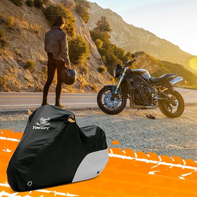 Motorcycle Cover Waterproof All Season Outdoor Protection, Fits up to 96 Inch, Compatible with Sport Bikes & Cruisers with Locking Holes & Reflective Strips (Black&Silver)