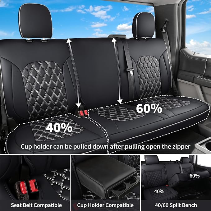 Huidasource F150 Front & Back Leather Seat Covers Accessories Fit for 2015-2026 F150 SuperCrew & 2017-2026 F250 F350 F450 Super Duty Crew Cab XL XLT Lariat King Ranch Platinum(Full Set/Black&White)