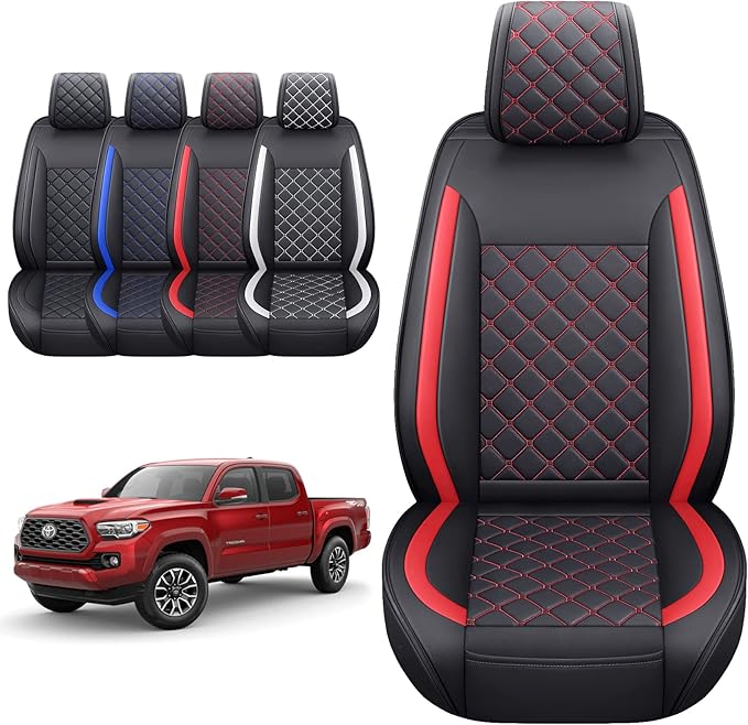 Tomatoman Tacoma Seat Covers Customized for 2005-2025 2026 Sport Extended SR V6 Pickup TRD, Waterproof Faux Leather Car Cushions(2 PCS Front, Black-Red)