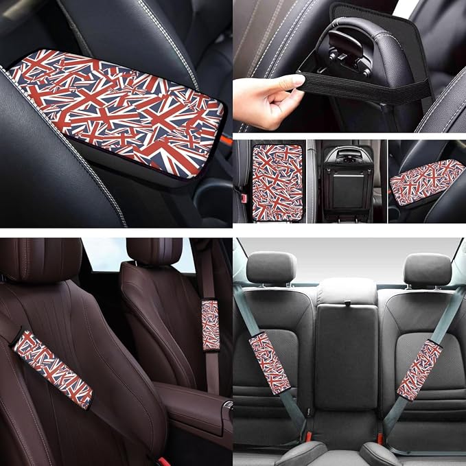 Union Flag 12 Pack Car Seat Covers Full Set with Car Steering Wheel Cover Arm Rest Cover Auto Seat Belt Cover Cup Coasters and Keychain Holder Universal Fit Most Cars SUV
