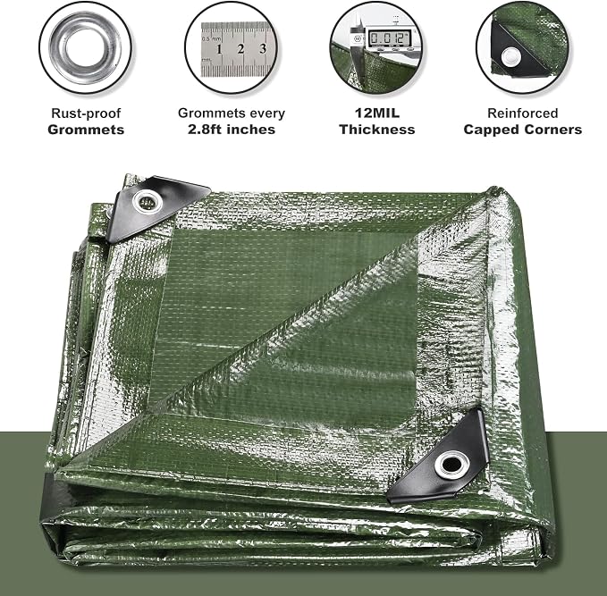 Tarps Waterproof 8x10 Feet, 2 Pack Heavy Duty Green Tarp Cover 12 Mil Thick, Resistant Plastic Tarpaulin with Metal Grommets, Outdoor Tarp Cover for Car,Trailer