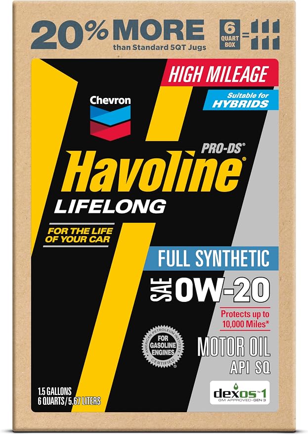 Havoline Motor Oil 0w20 PRO-DS Lifelong Full Synthetic Smart Change Engine Oil, 0W-20, 6 Quarts, Pack of 1