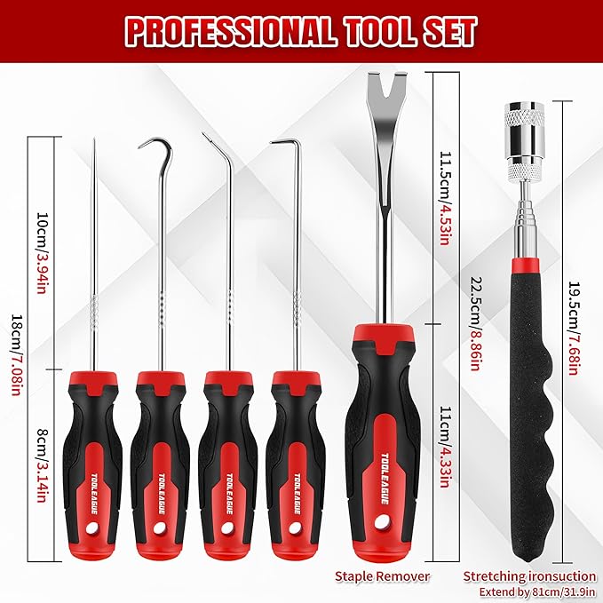 TOOLEAGUE 12PCS Pick and Hook Set with Scraper and Magnetic Telescoping Tool Kit for Automotive and Electronic Hand Tools Car Auto Oil Seal/O-Ring Seal Gasket Hand Pick Up Tools