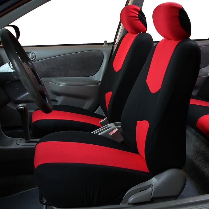 FH Group Car Seat Covers Flat Cloth Front Seats Only Red Automotive Seat Cover, Airbag Compatible Universal Fit Interior Accessories Cars Trucks SUV Combo Steering Wheel Cover & Seat Belt Pads