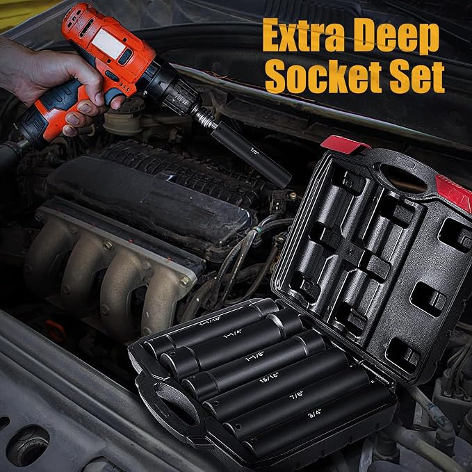 1/2 Inch Drive Extended Length Impact Socket Set 6Pcs, Extra Deep Socket Set Kit Includs Hex Sizes 3/4", 7/8", 15/16", 1-1/16”, 1-1/8", 1-1/4"