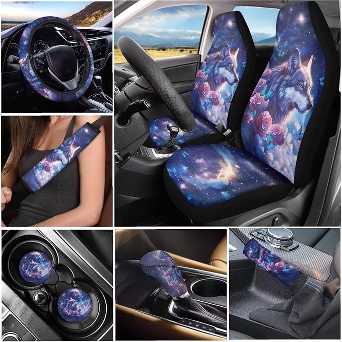 Tupalatus Purple Wolf 9 Pcs Cute Car Seat Covers with Steering Wheel Cover Auto Seat Belt Cover Coasters Gear Shift Cover Hand Brake Cover Car Accessories Set for Men