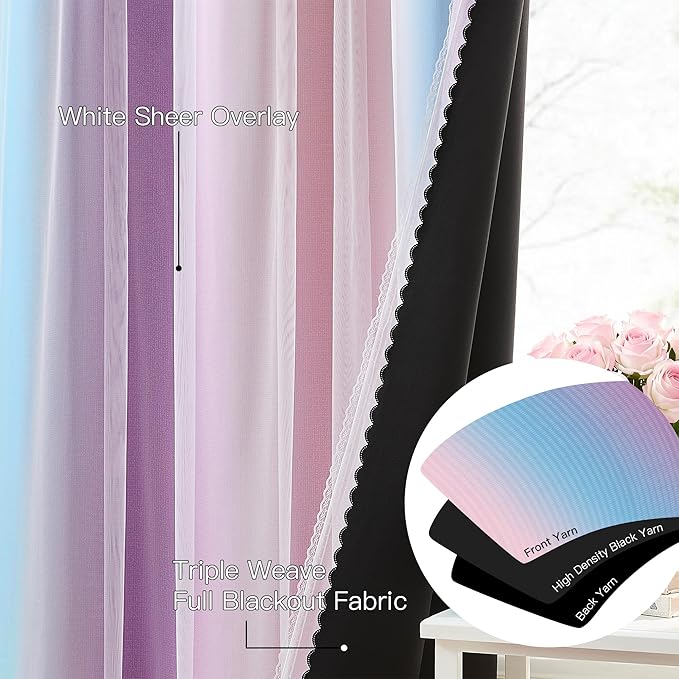 XiDi Double Layer Curtains with Sheer Overlay for Girls Bedroom Living Room 2 Panels 96 Inches Long Colorful Rainbow Blackout Curtains for Kids Unicorn Princess Grommet Drapes Pink Purple W52 x L96