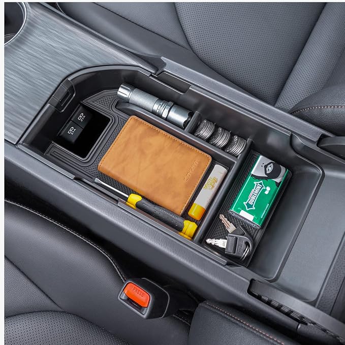 TOPINSTALL Black Center Console Tray and Red Rubber Liners Compatible with 2018-2024 Camry Accessories, Interior Armrest Storage Console Organizer Non-Slip Cup Holder Door Pocket Rubber Mats