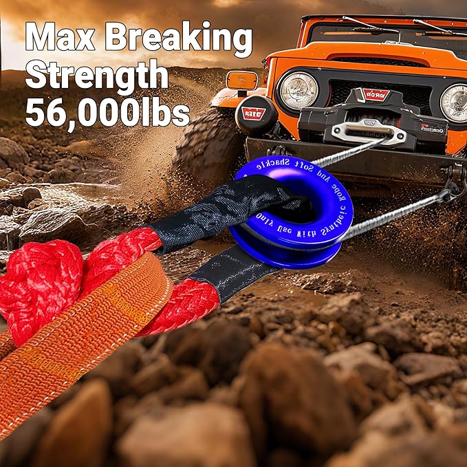 Synthetic Soft Shackle Rope 1/2 x 22 Inch Red Recovery Tow Shackles with Blue Recovery Ring 56,000lbs Breaking Strength Offroad Soft Shackle Recovery Kit for Off-Road Winch and Vehicle Towing