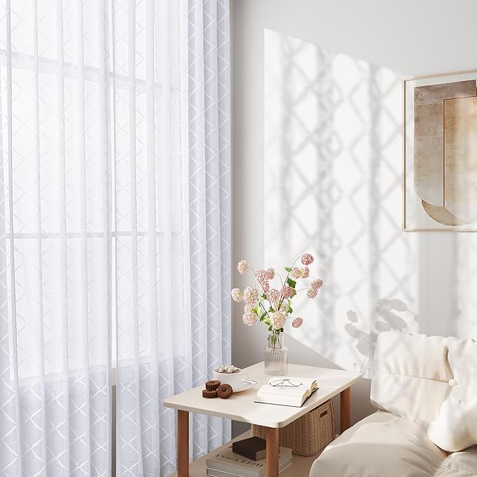 Hokibero Pure White Semi Sheer Curtains 84 Inches Long for Living Room Bedroom,Back Tab Rod Pocket Light Filtering Drapes Geometric Embroidered Diamond Pattern Sliding Glass Door,52 x 84,2 Panels
