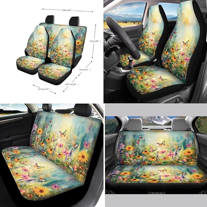 Xoenoiee Butterfly Vibrant Floral Pattern 11 Pcs Universal SUV Car Seat Covers Auto Interior Accessories Full Set with Steering Wheel Covers, Seat Belt Pads, Key Chain, Car Cup Mat