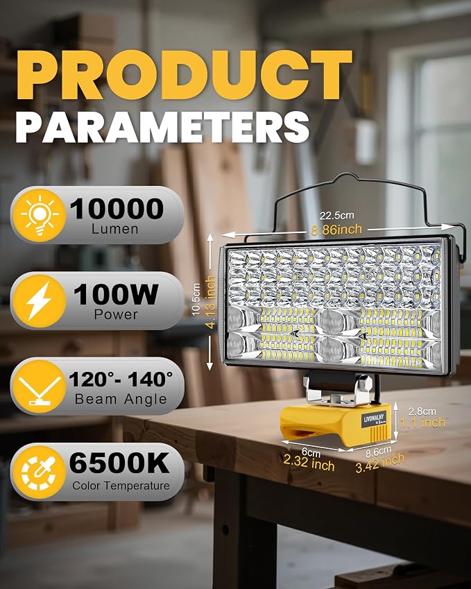 Cordless Tire Inflator Air Compressor & 100W LED Work Light Bundle for Dewalt 20V, 10000LM Flashlight Portable LED Flood Light, Battery Not Included