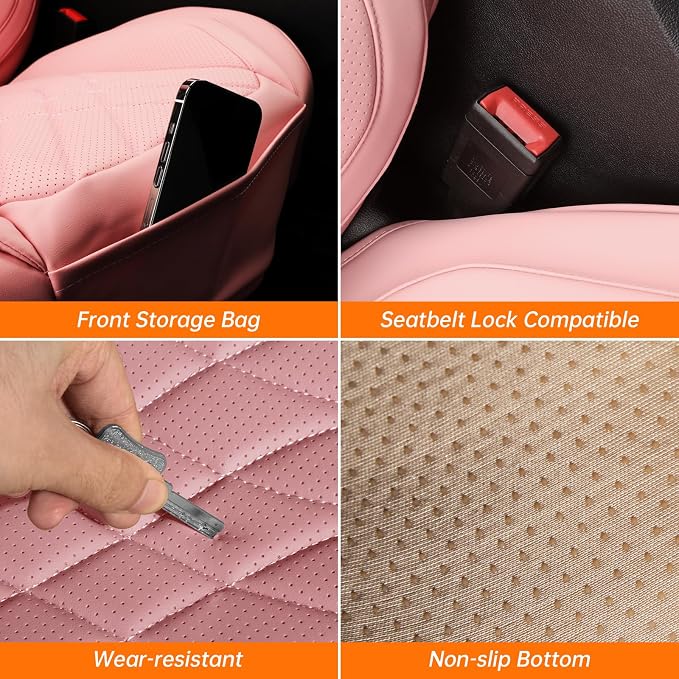Pink Car Seat Covers Full Set, Full Coverage Luxury Leather Car Seat Protector Universal Fit for Most Cars SUVs Pick-up Trucks, Pink Seat Covers Car Interior Accessories for Women